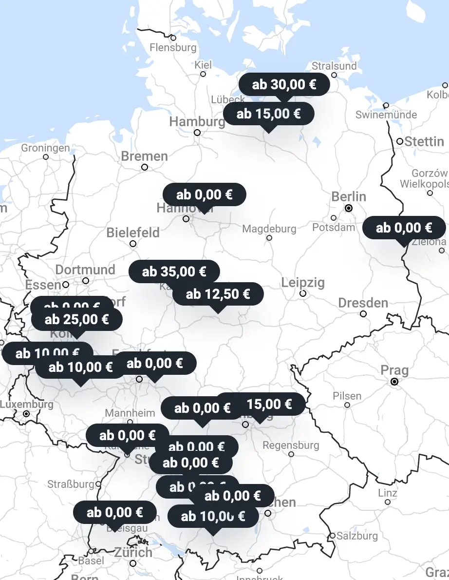 Karte von Deutschland mit allen Stellplätzen für Wohnmobile bei Gastgeber